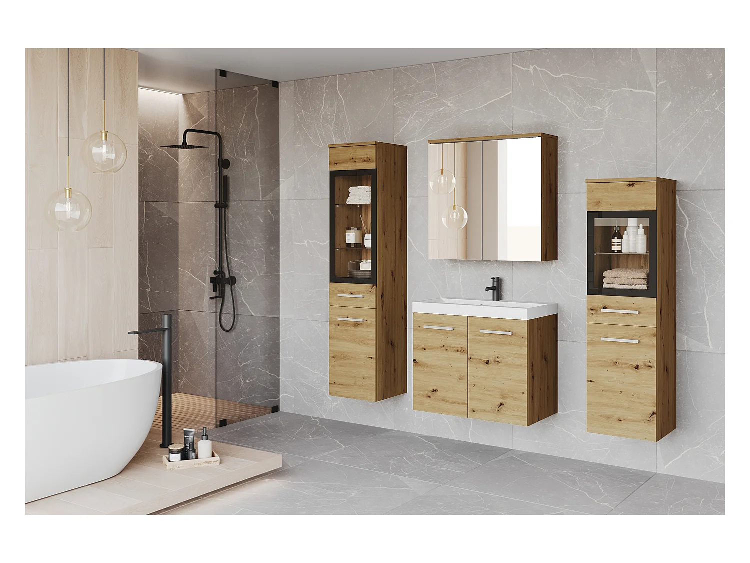 MINIO go for it, Meuble de salle de bain MARIT II dans la couleur chêne artisan, avec éclairage LED