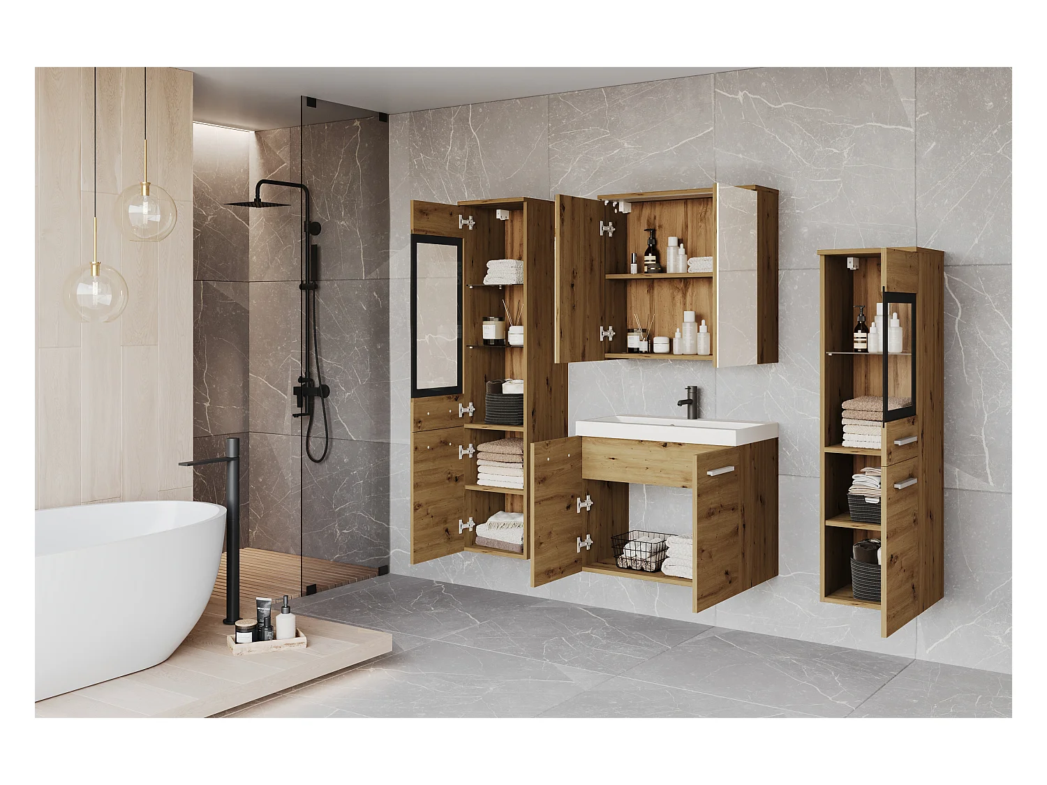 MINIO go for it, Meuble de salle de bain MARIT II dans la couleur chêne artisan, avec éclairage LED