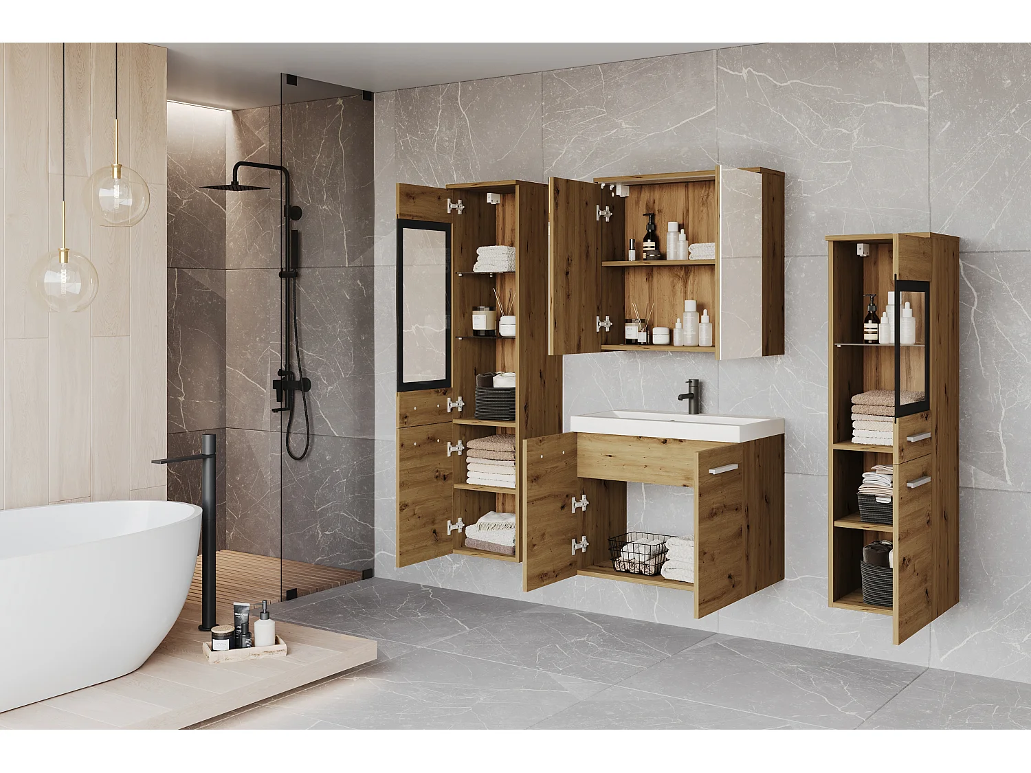 MINIO go for it, Meuble de salle de bain MARIT II dans la couleur chêne artisan, avec éclairage LED