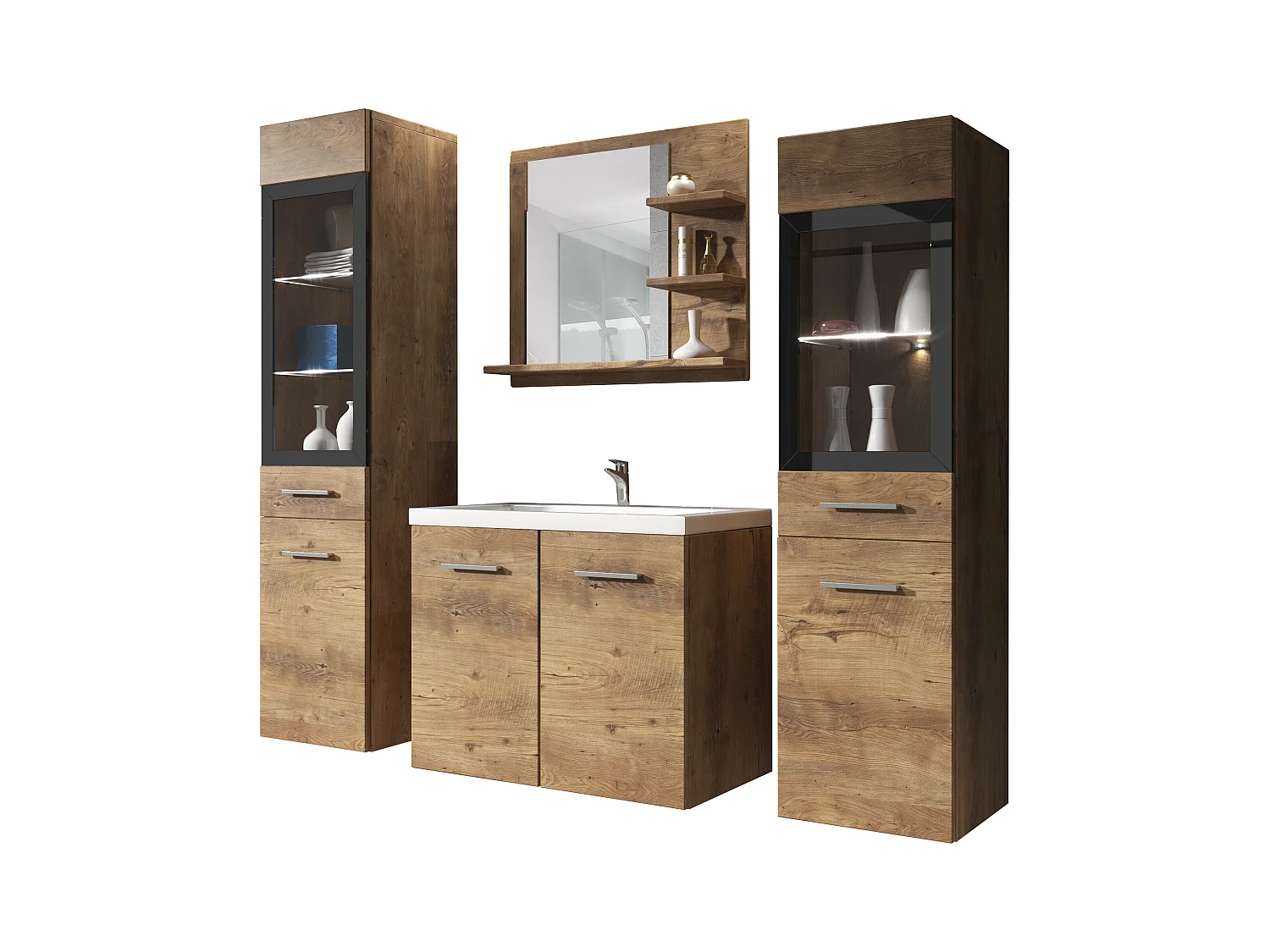 MINIO go for it, Meble łazienkowe MARIT I w kolorze kasztan wrocławski, z oświetleniem LED
