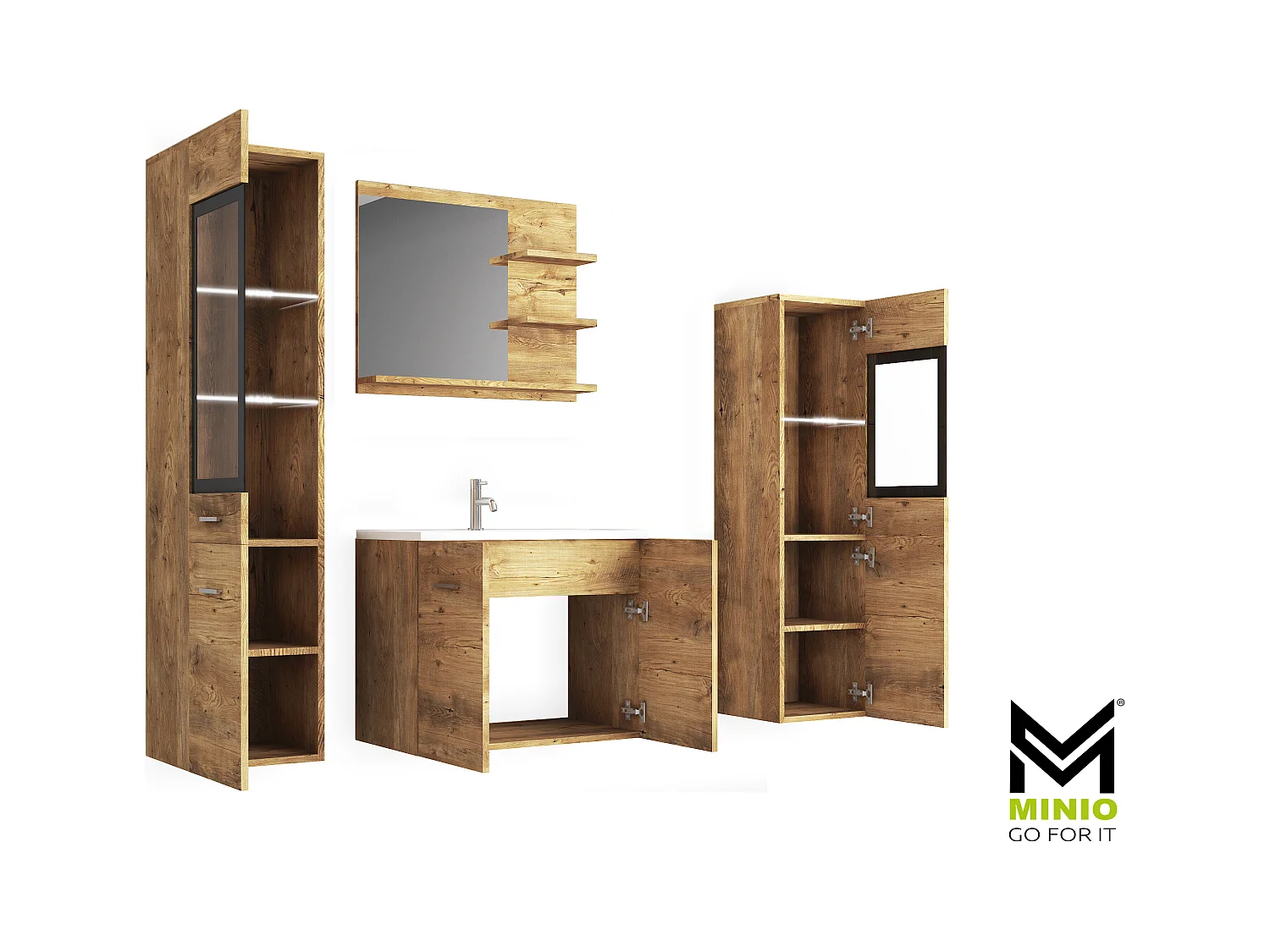 MINIO go for it, Meble łazienkowe MARIT I w kolorze kasztan wrocławski, z oświetleniem LED