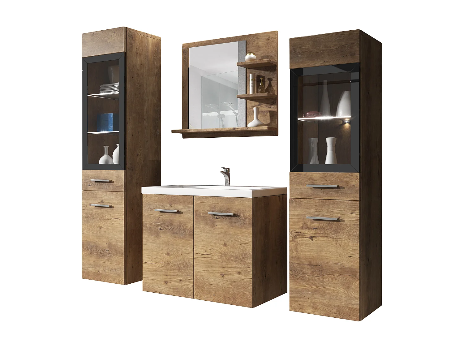 MINIO go for it, Meble łazienkowe MARIT I w kolorze kasztan wrocławski, z oświetleniem LED
