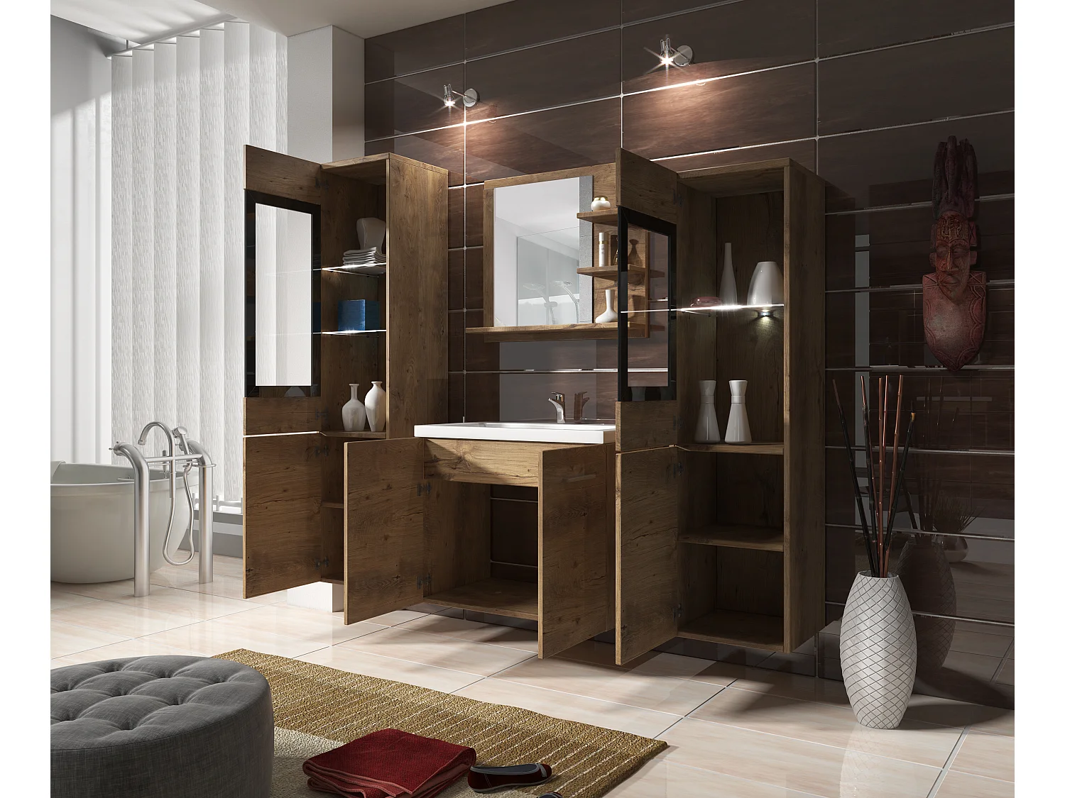 MINIO go for it, Meble łazienkowe MARIT I w kolorze kasztan wrocławski, z oświetleniem LED