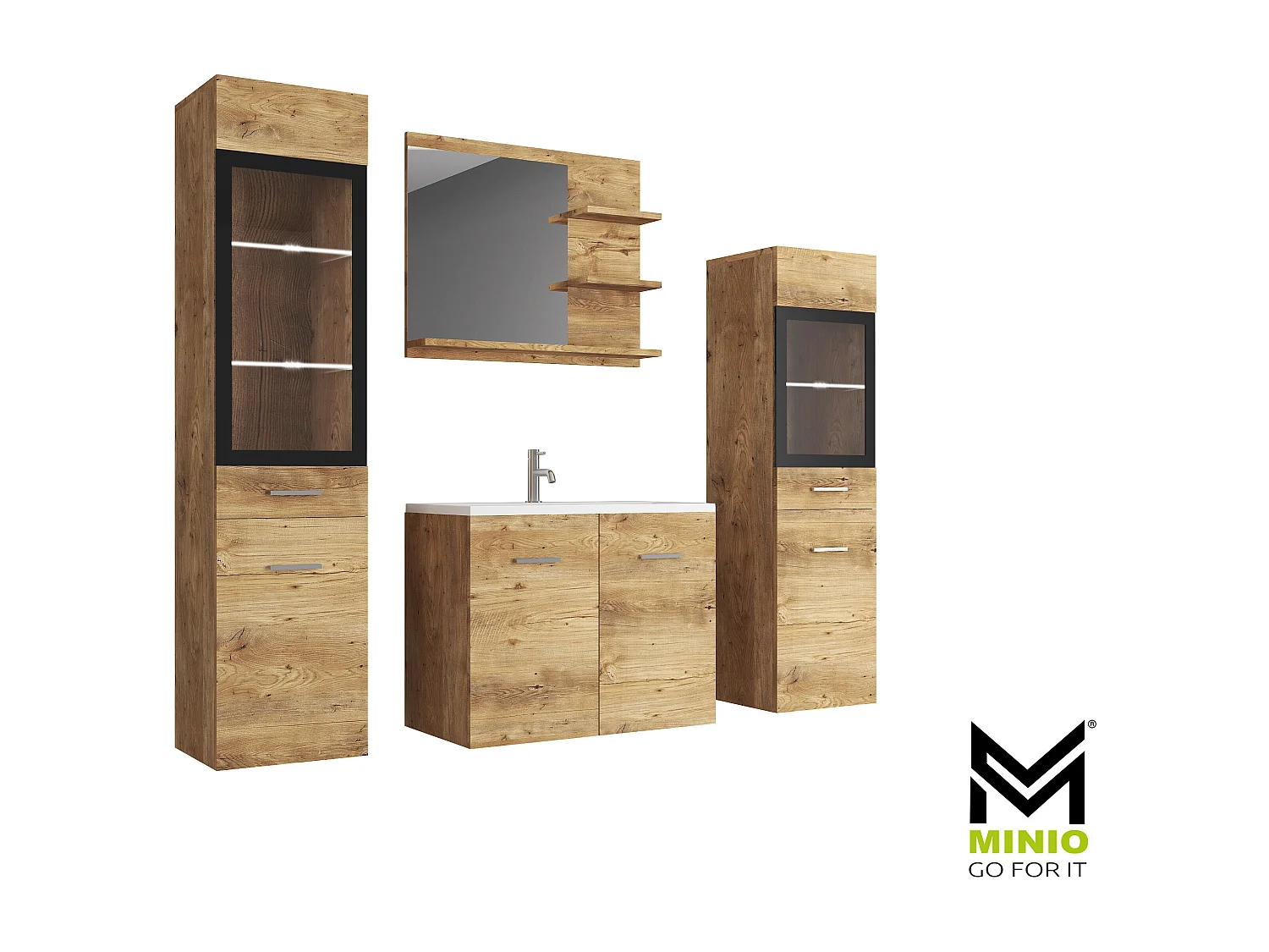 MINIO go for it, Meble łazienkowe MARIT I w kolorze kasztan wrocławski, z oświetleniem LED