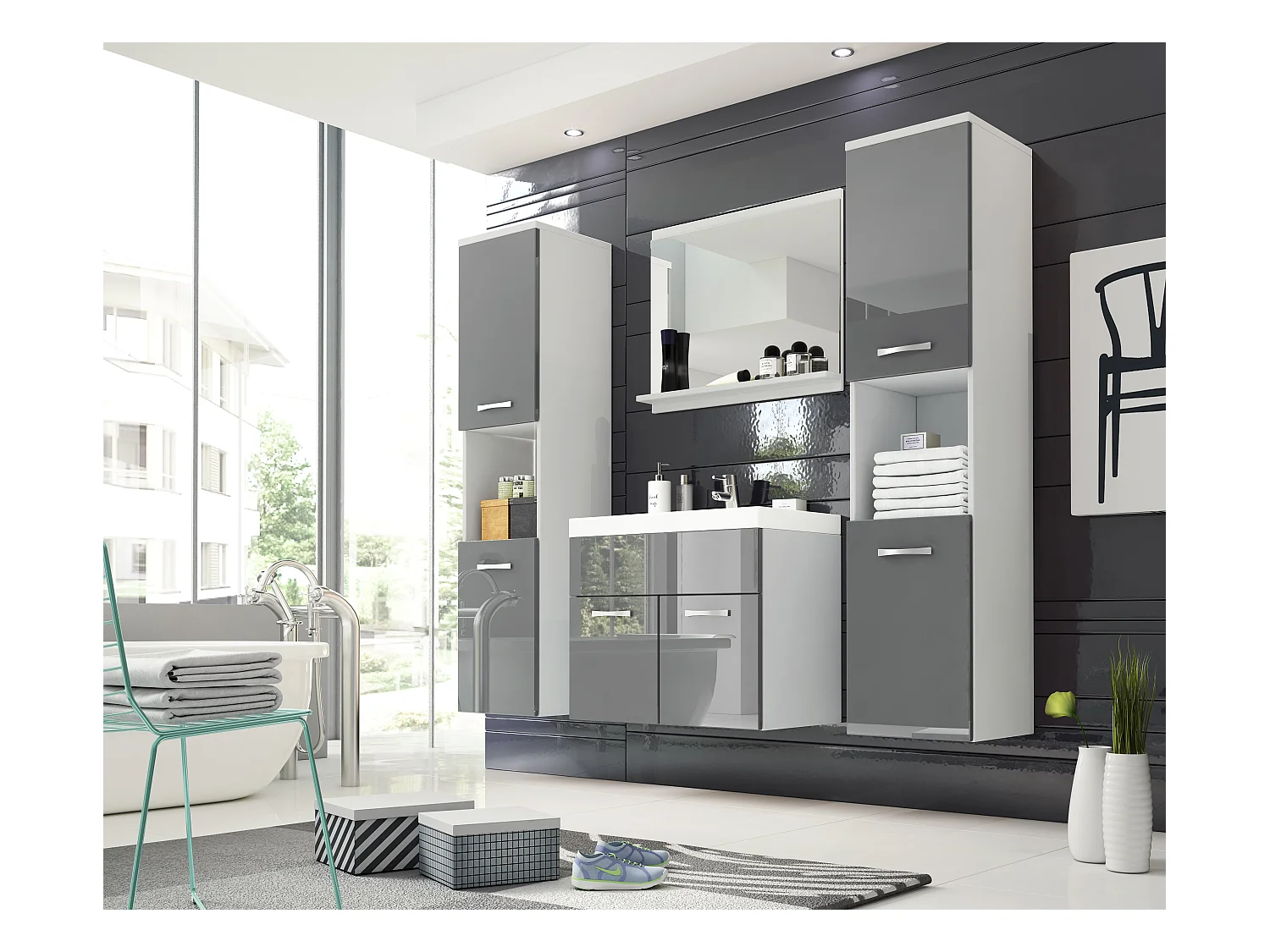 MINIO go for it, Meble łazienkowe MONTANA XL w kolorze biały/szary połysk