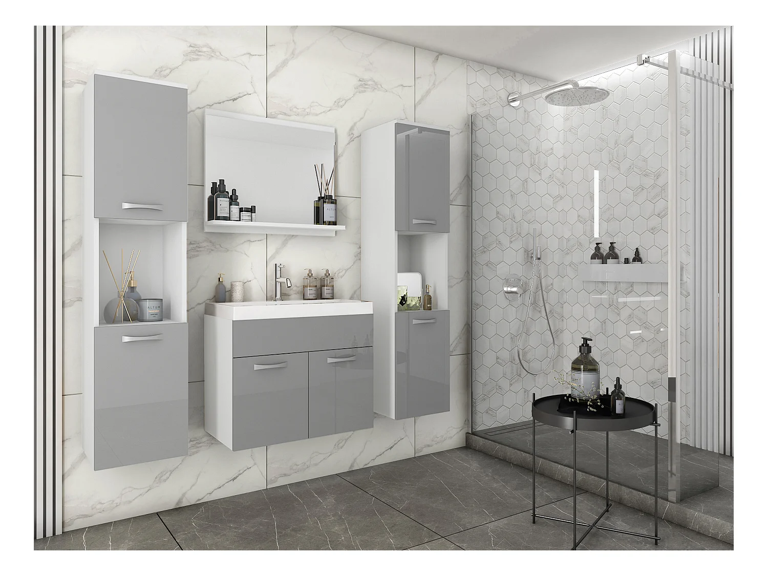 MINIO go for it, Meble łazienkowe MONTANA XL w kolorze biały/szary połysk