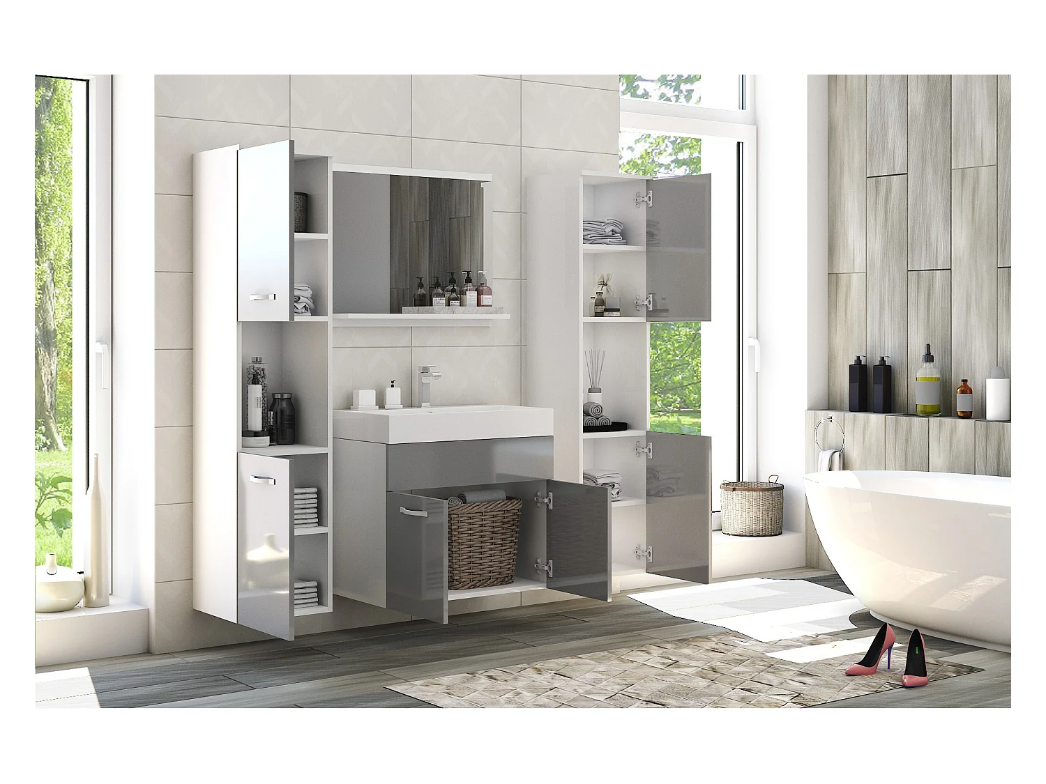 MINIO go for it, Meble łazienkowe MONTANA XL w kolorze biały/szary połysk