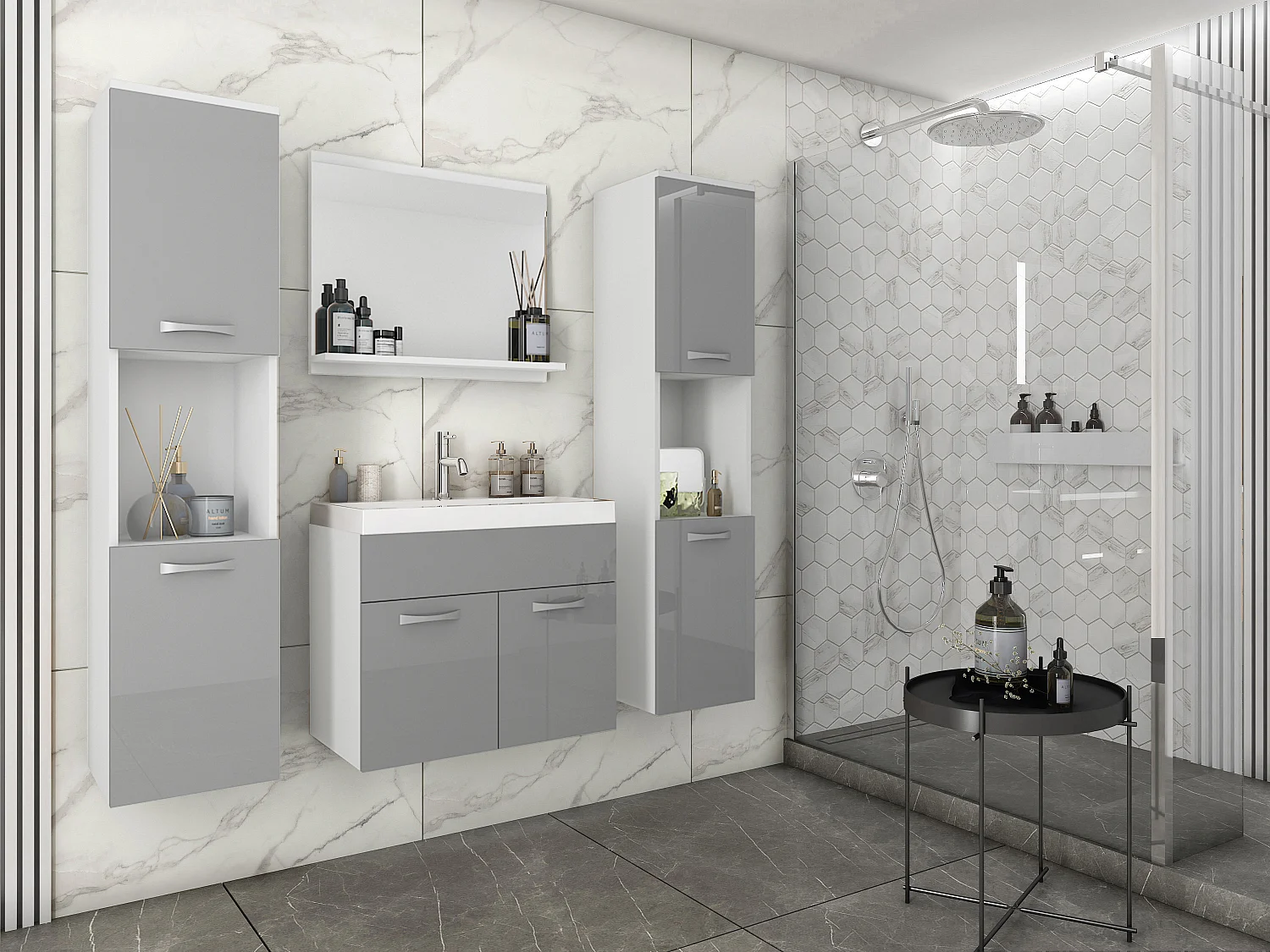 MINIO go for it, Meble łazienkowe MONTANA XL w kolorze biały/szary połysk