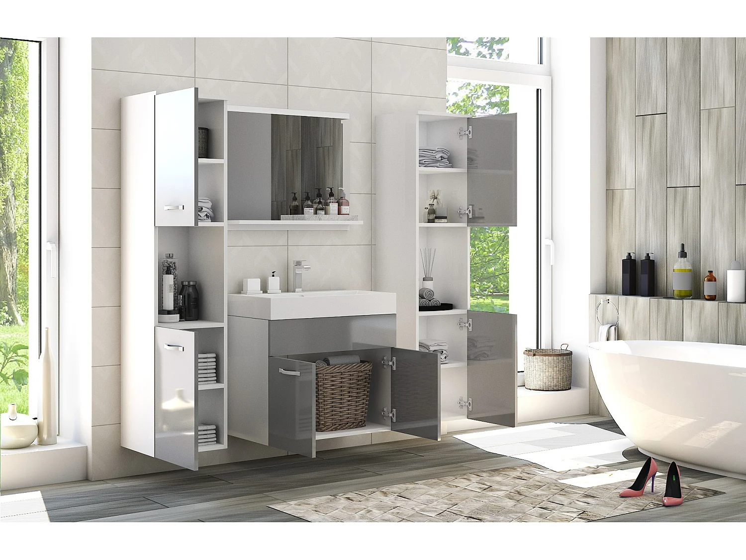 MINIO go for it, Meble łazienkowe MONTANA XL w kolorze biały/szary połysk