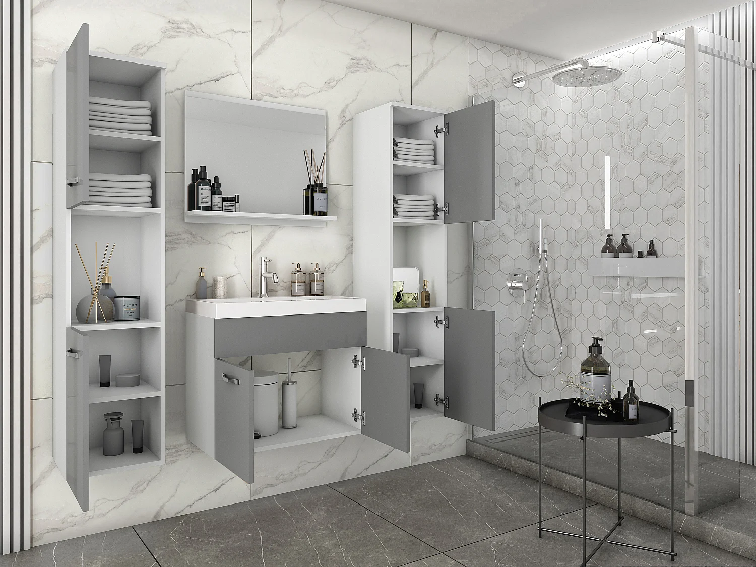 MINIO go for it, Meble łazienkowe MONTANA XL w kolorze biały/szary połysk