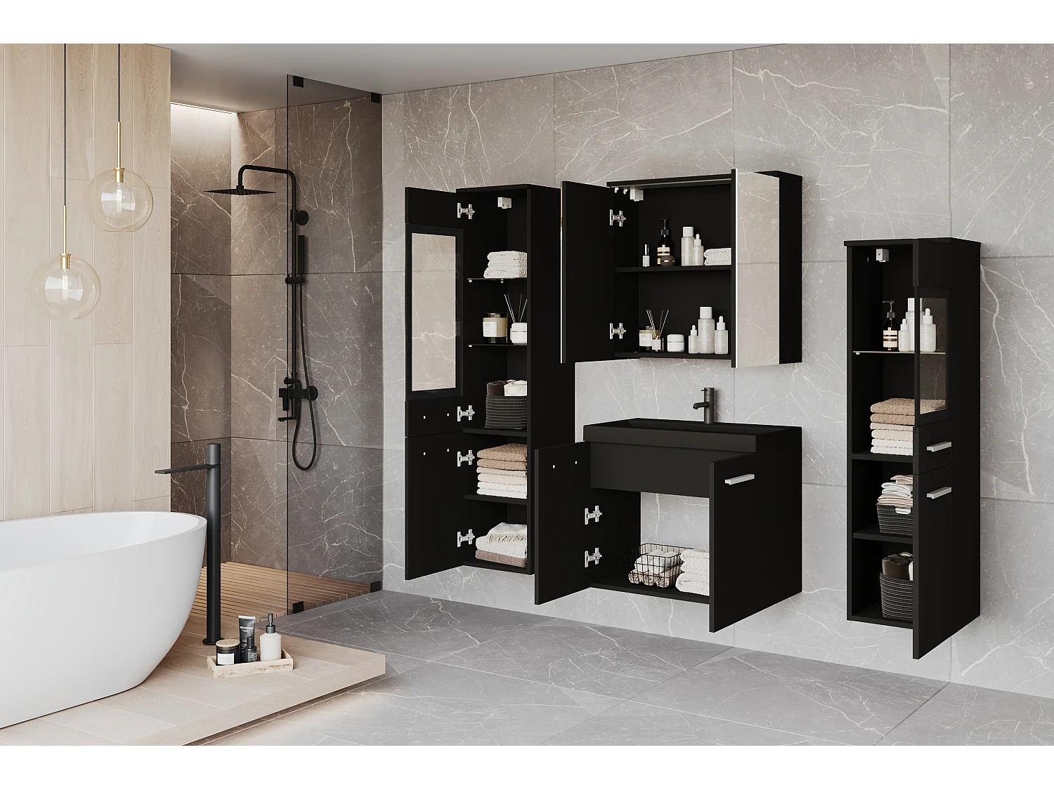 MINIO go for it, Meble łazienkowe MARIT II w kolorze czarny grafit, z oświetleniem LED