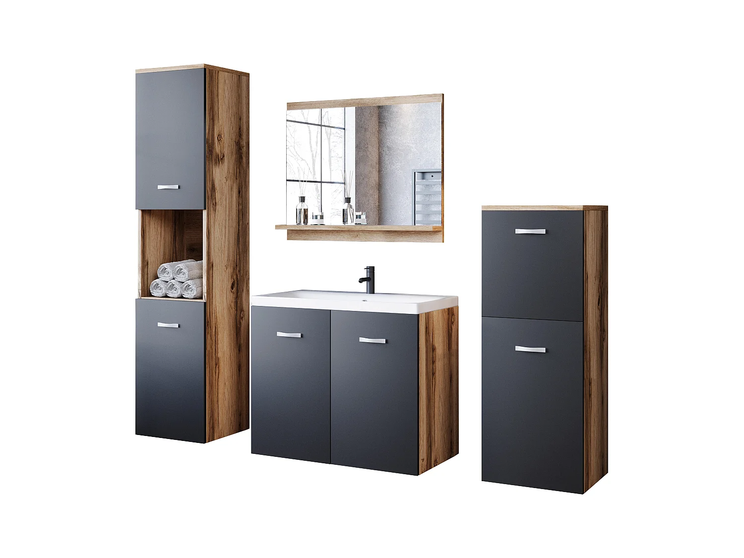 MINIO go for it, Meble łazienkowe MALAGA w kolorze dąb wotan/czarny grafit