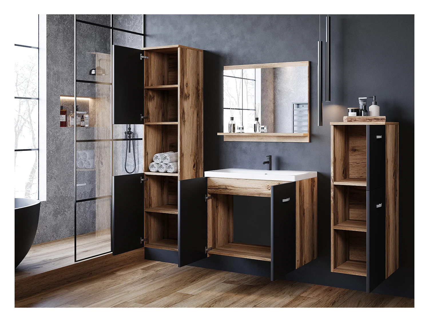 MINIO go for it, Meble łazienkowe MALAGA w kolorze dąb wotan/czarny grafit