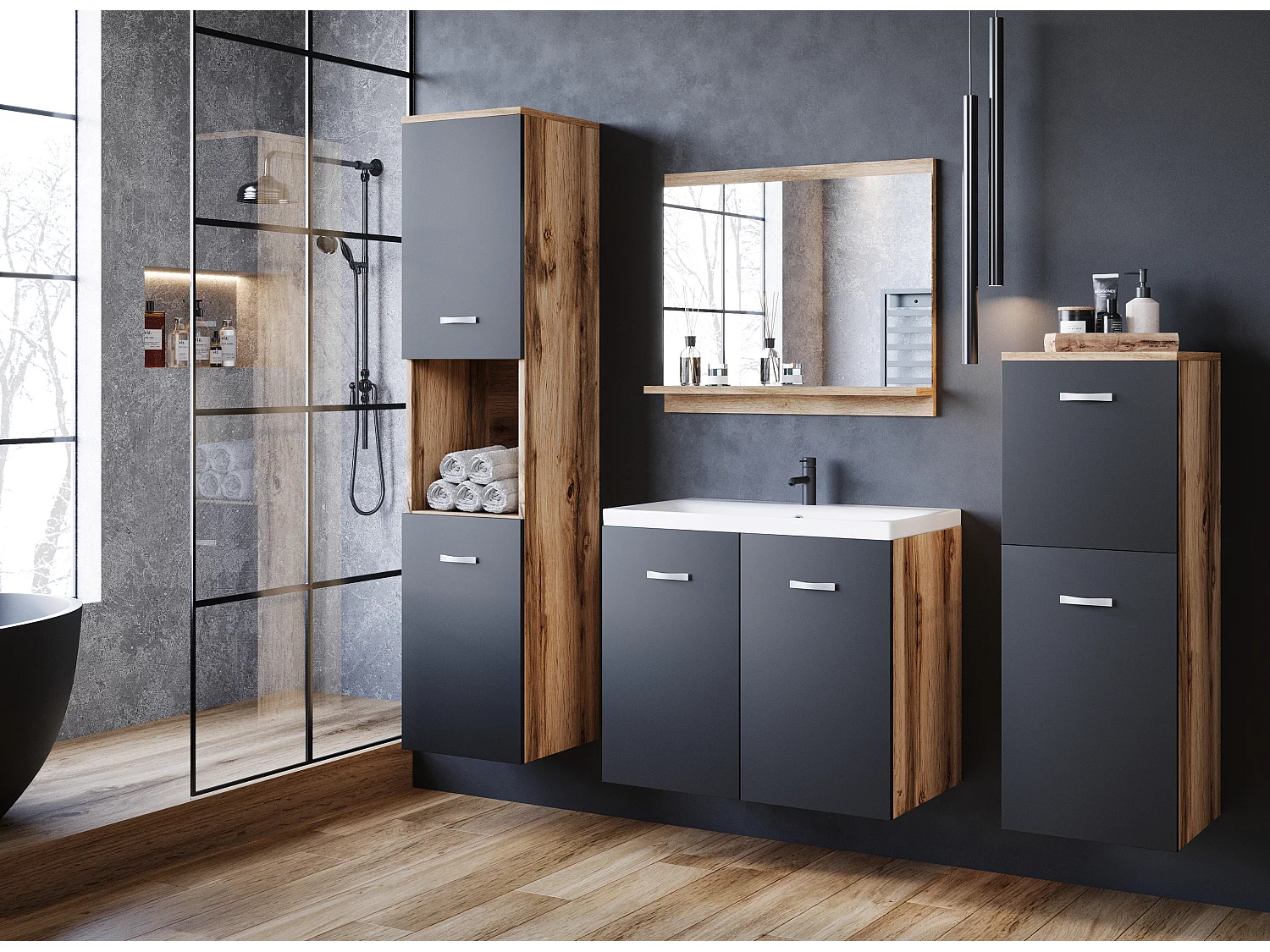 MINIO go for it, Meble łazienkowe MALAGA w kolorze dąb wotan/czarny grafit