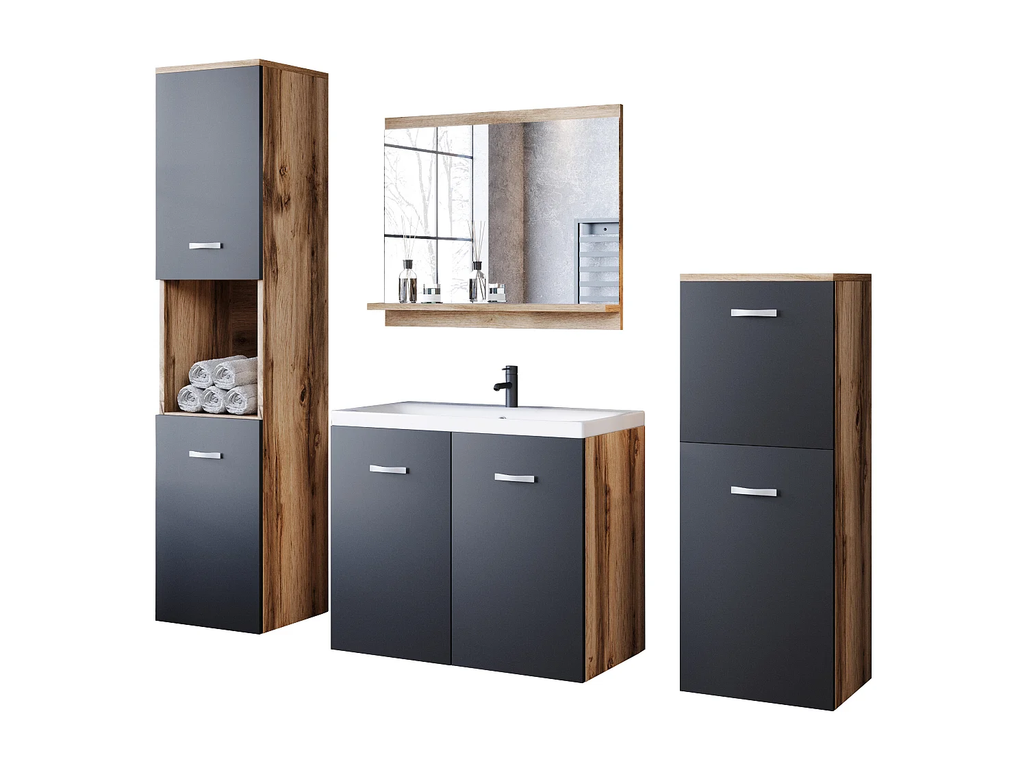 MINIO go for it, Meble łazienkowe MALAGA w kolorze dąb wotan/czarny grafit