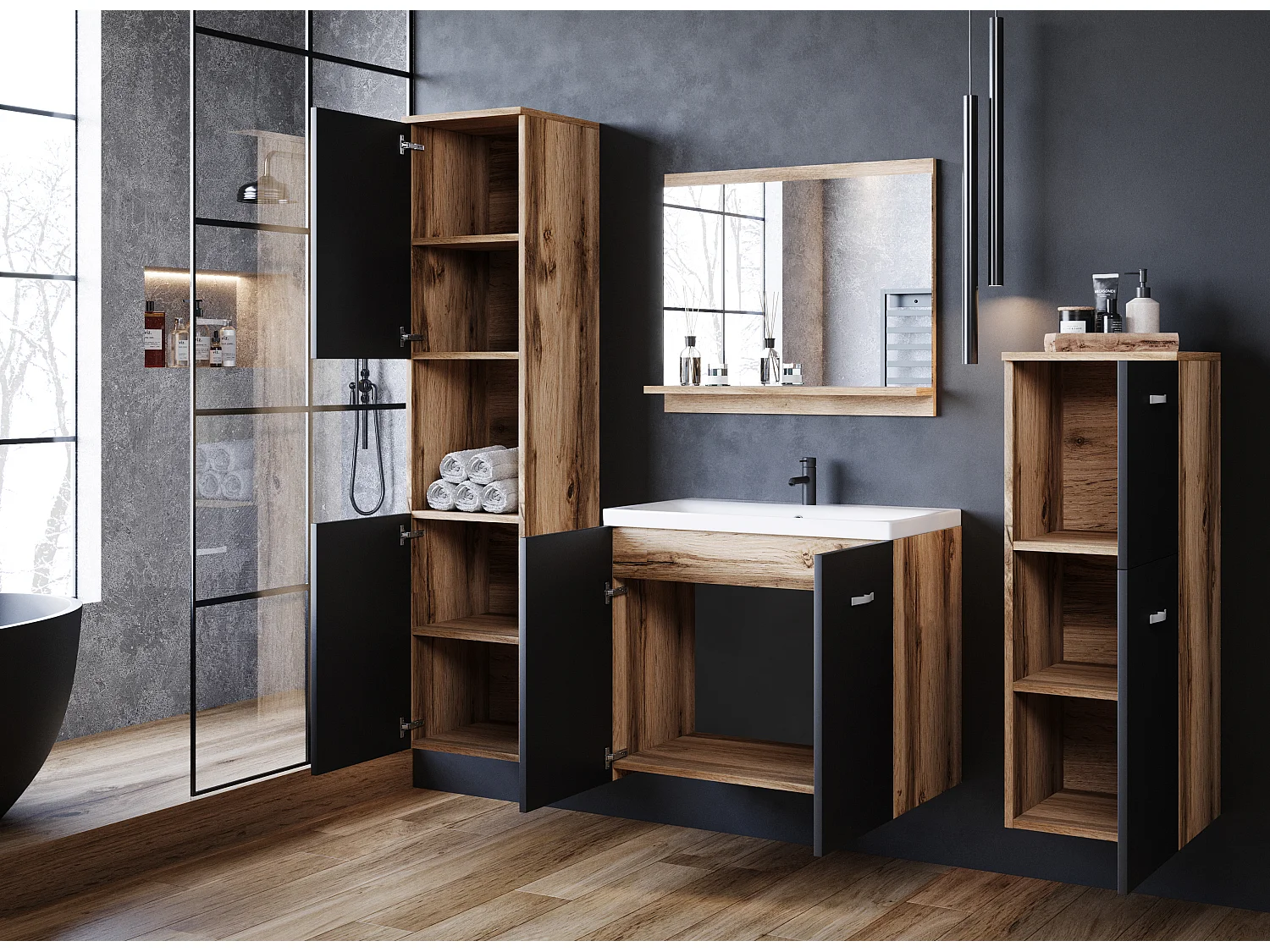 MINIO go for it, Meble łazienkowe MALAGA w kolorze dąb wotan/czarny grafit