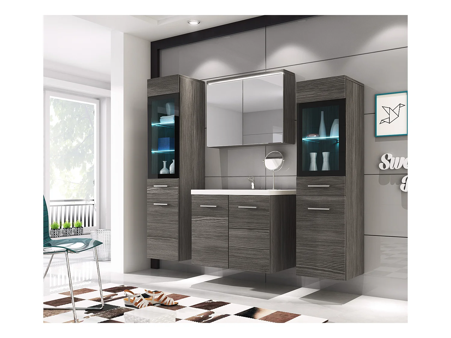 MINIO go for it, Meble łazienkowe MARIT II w kolorze sosna bodega, z oświetleniem LED