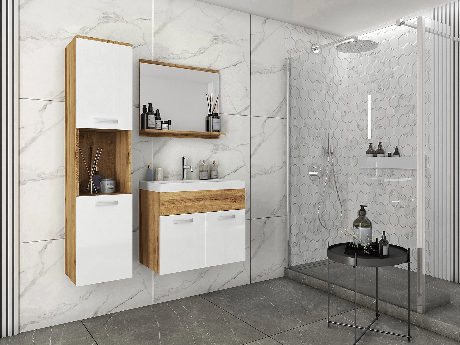 MINIO go for it, Meble łazienkowe MONTANA w kolorze dąb wotan/biały połysk