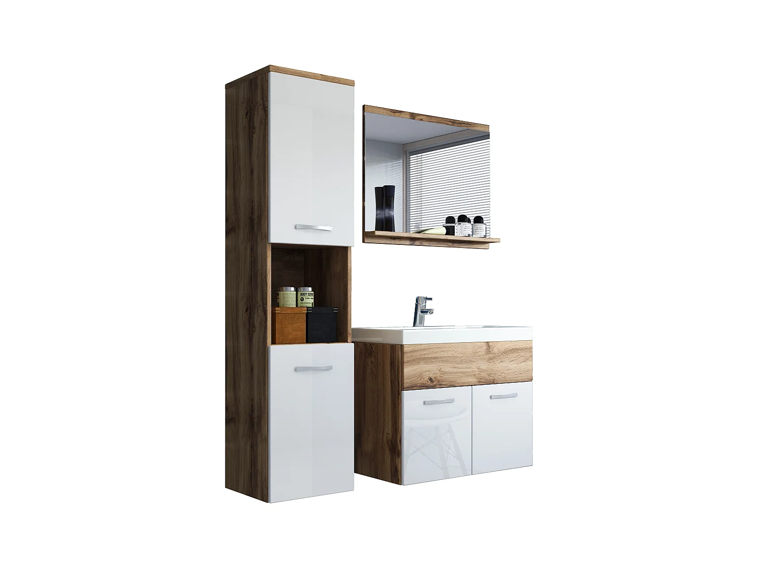 MINIO go for it, Meble łazienkowe MONTANA w kolorze dąb wotan/biały połysk