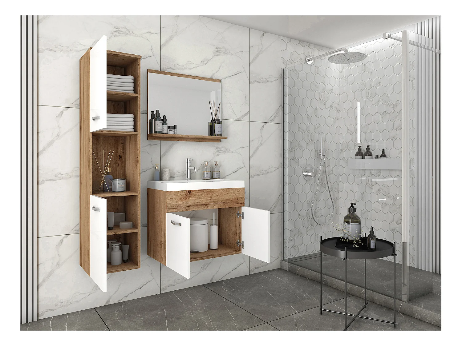 MINIO go for it, Meble łazienkowe MONTANA w kolorze dąb wotan/biały połysk