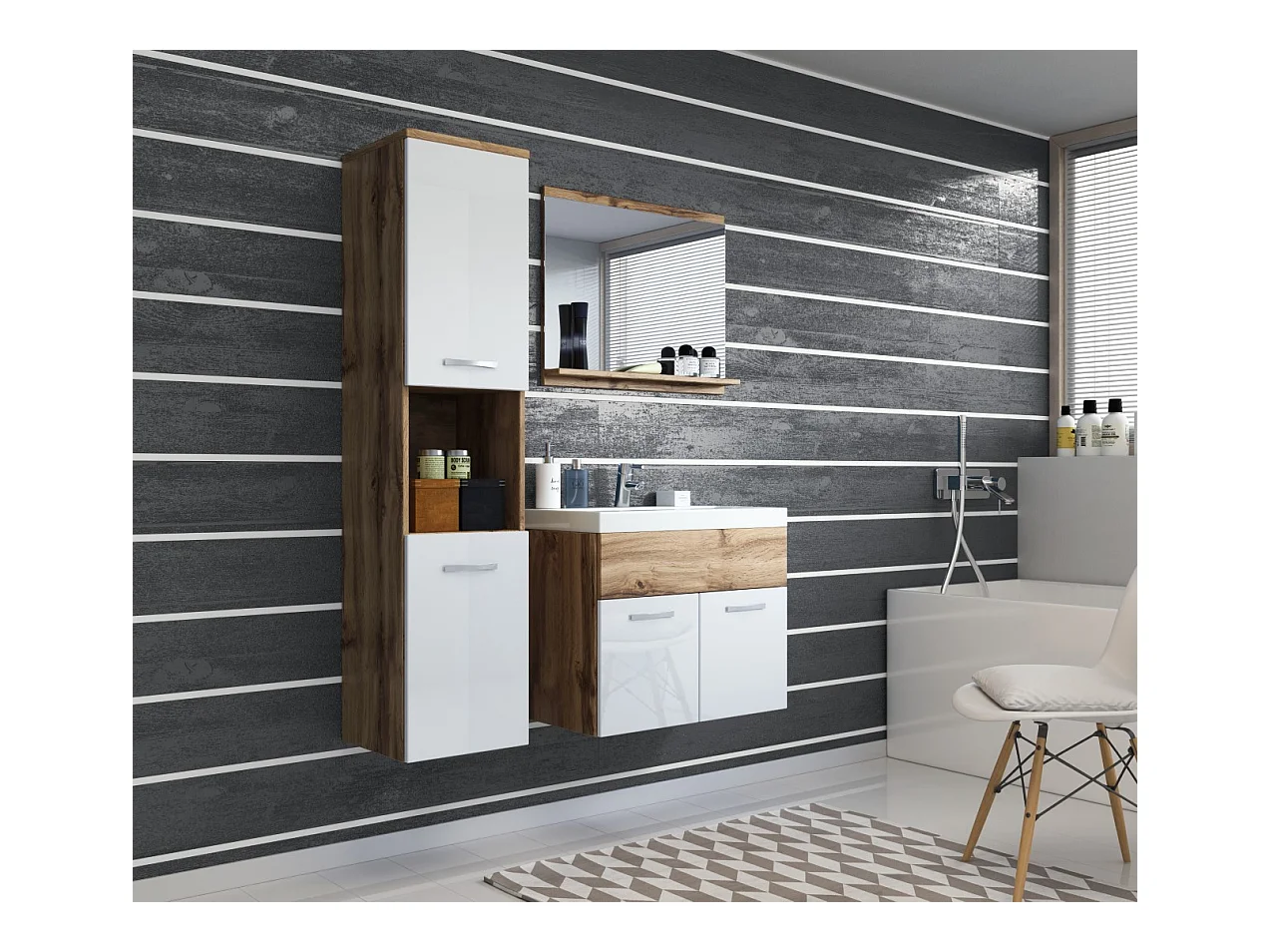 MINIO go for it, Meble łazienkowe MONTANA w kolorze dąb wotan/biały połysk