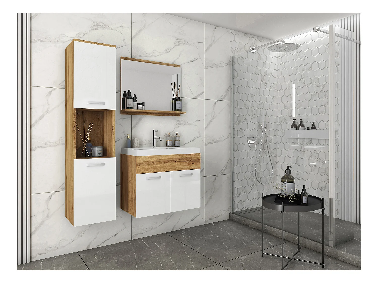 MINIO go for it, Meuble de salle de bain MONTANA en couleur chêne wotan/blanc brillant