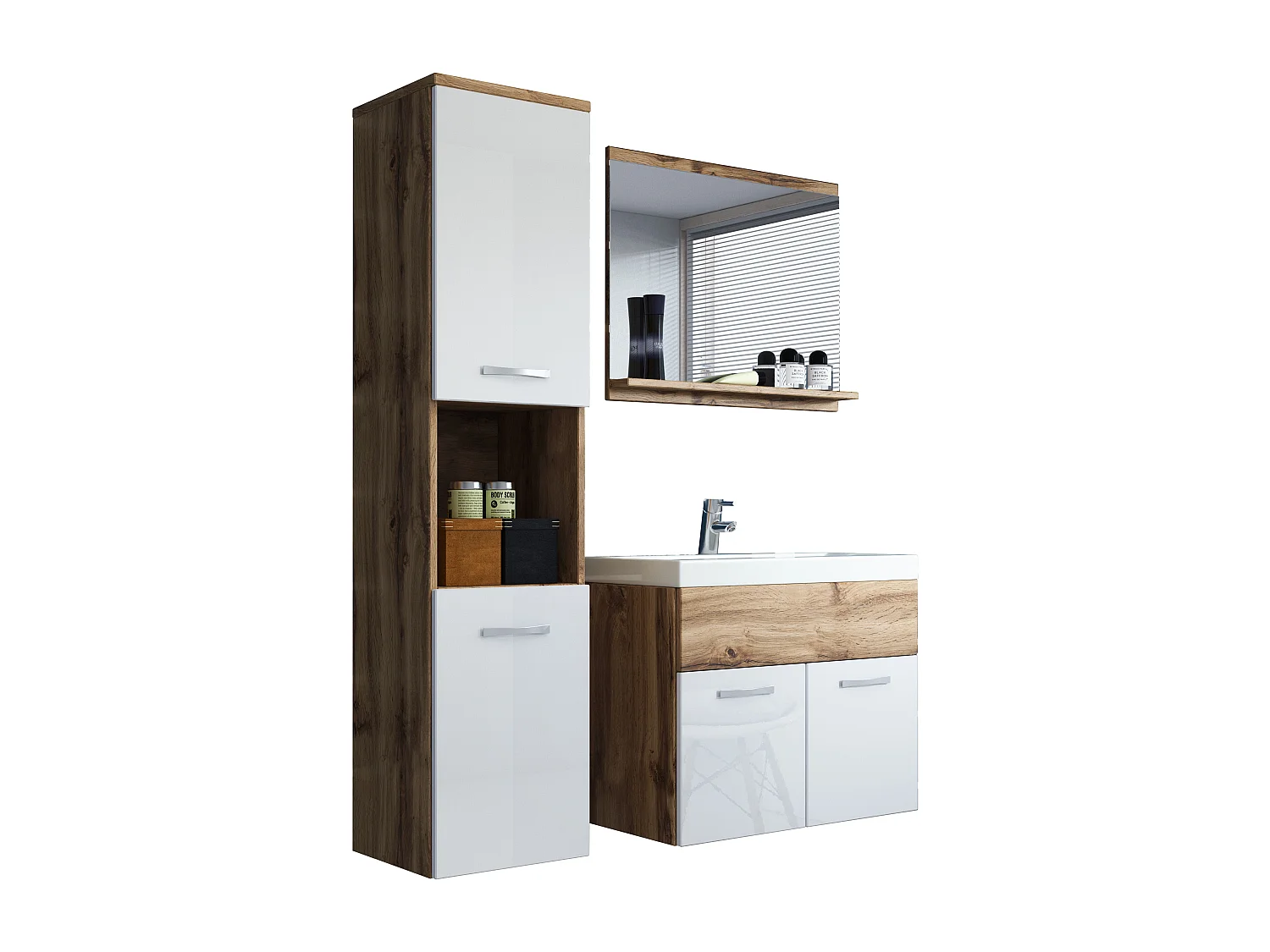 MINIO go for it, Meble łazienkowe MONTANA w kolorze dąb wotan/biały połysk