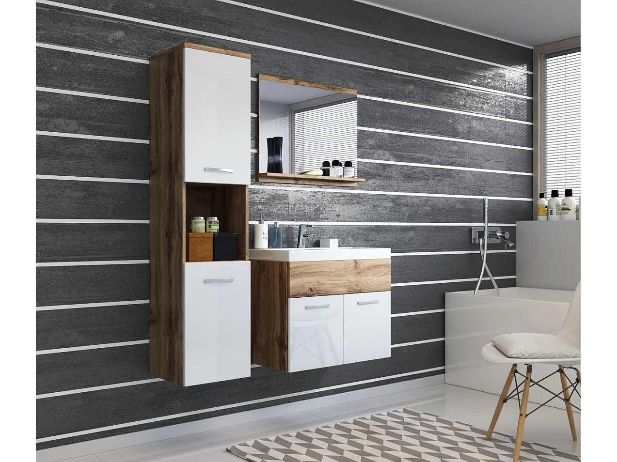 MINIO go for it, Meble łazienkowe MONTANA w kolorze dąb wotan/biały połysk