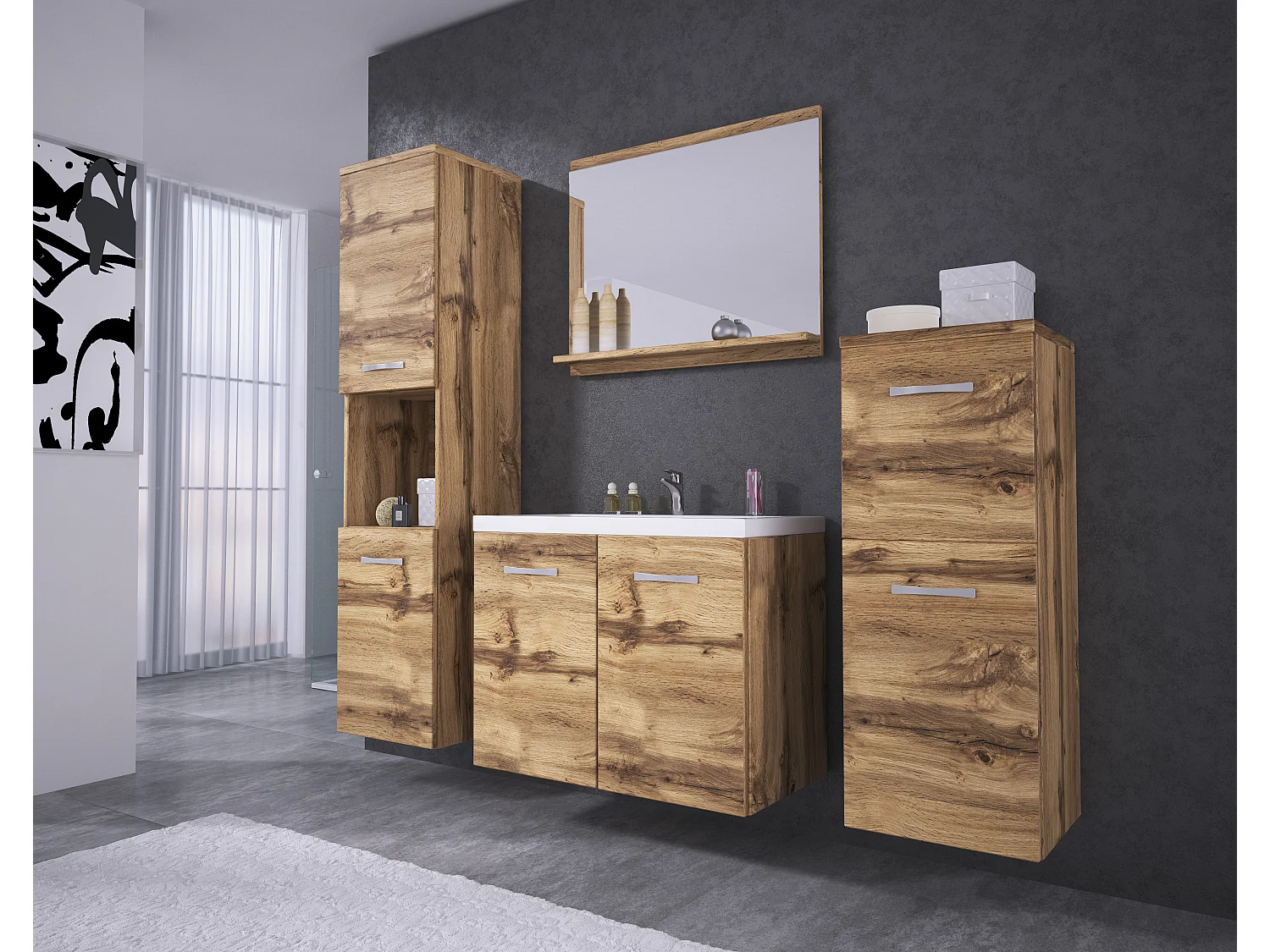 MINIO go for it, Meble łazienkowe MALAGA w kolorze dąb wotan