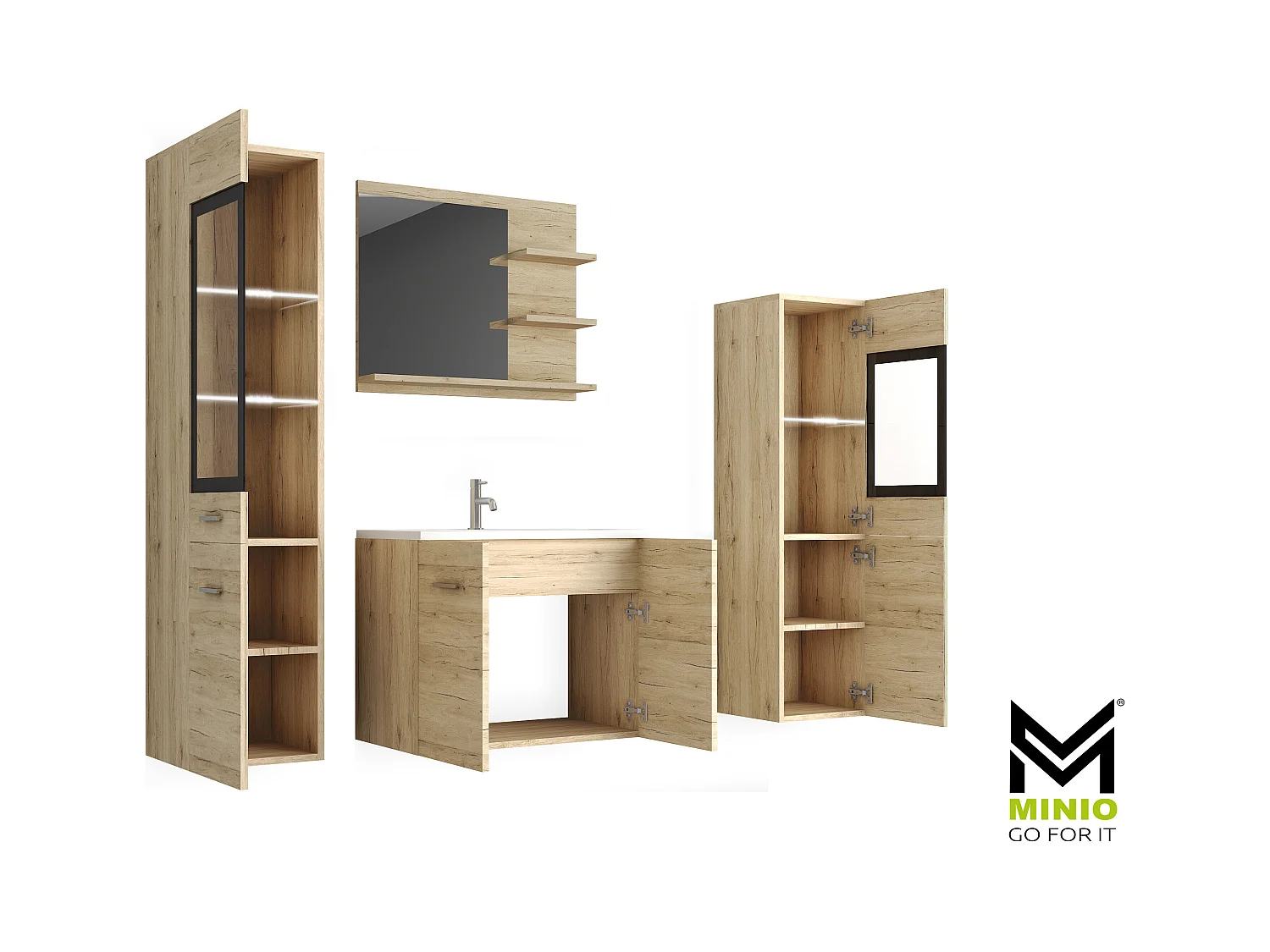 MINIO go for it, Meble łazienkowe MARIT I w kolorze dąb san remo, z oświetleniem LED