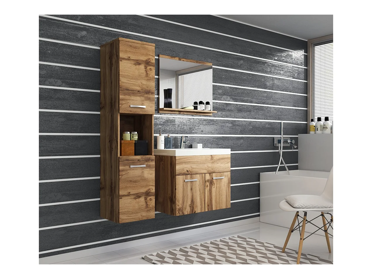 MINIO go for it, Meble łazienkowe MONTANA w kolorze dąb wotan
