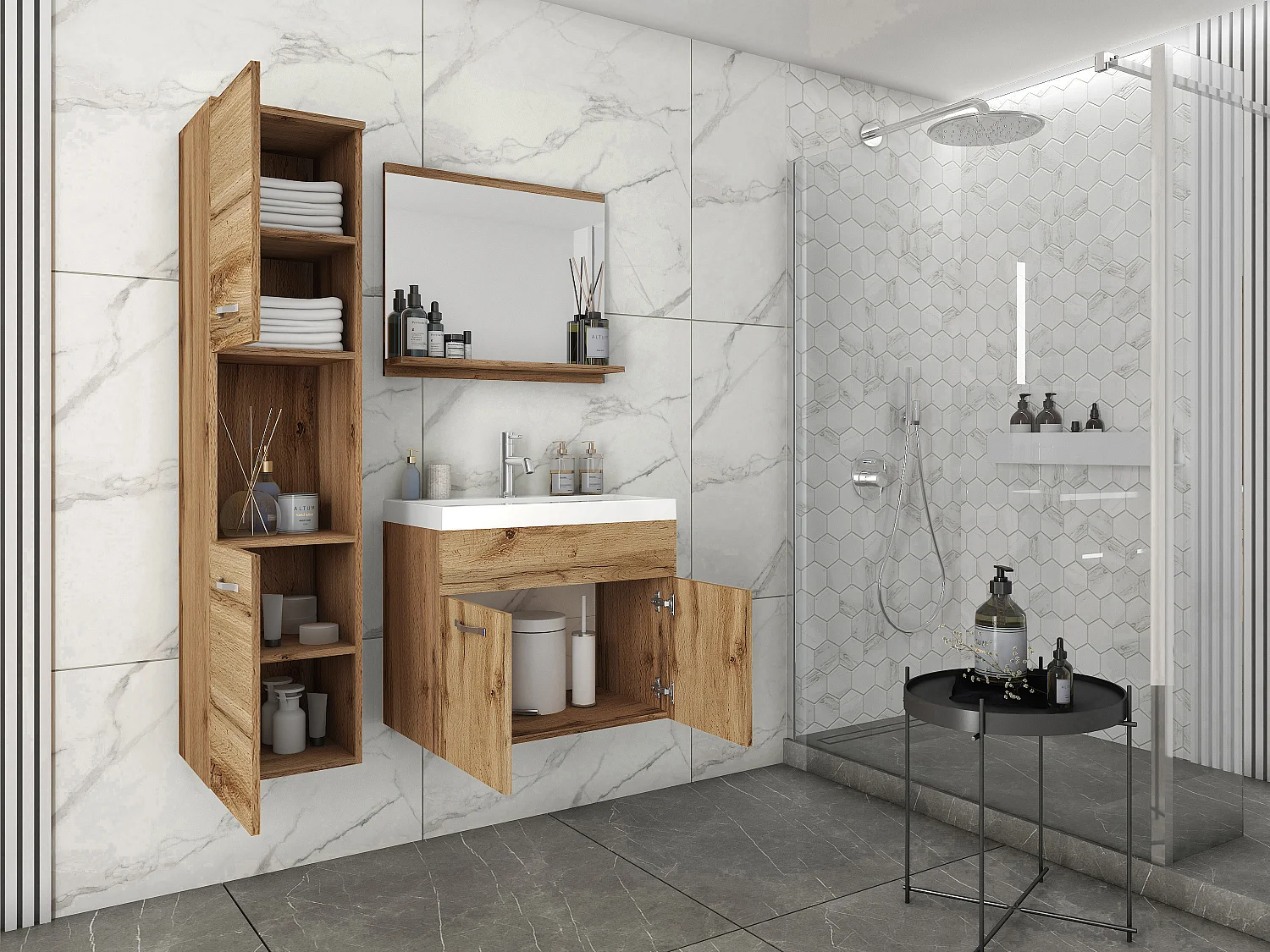 MINIO go for it, Meble łazienkowe MONTANA w kolorze dąb wotan