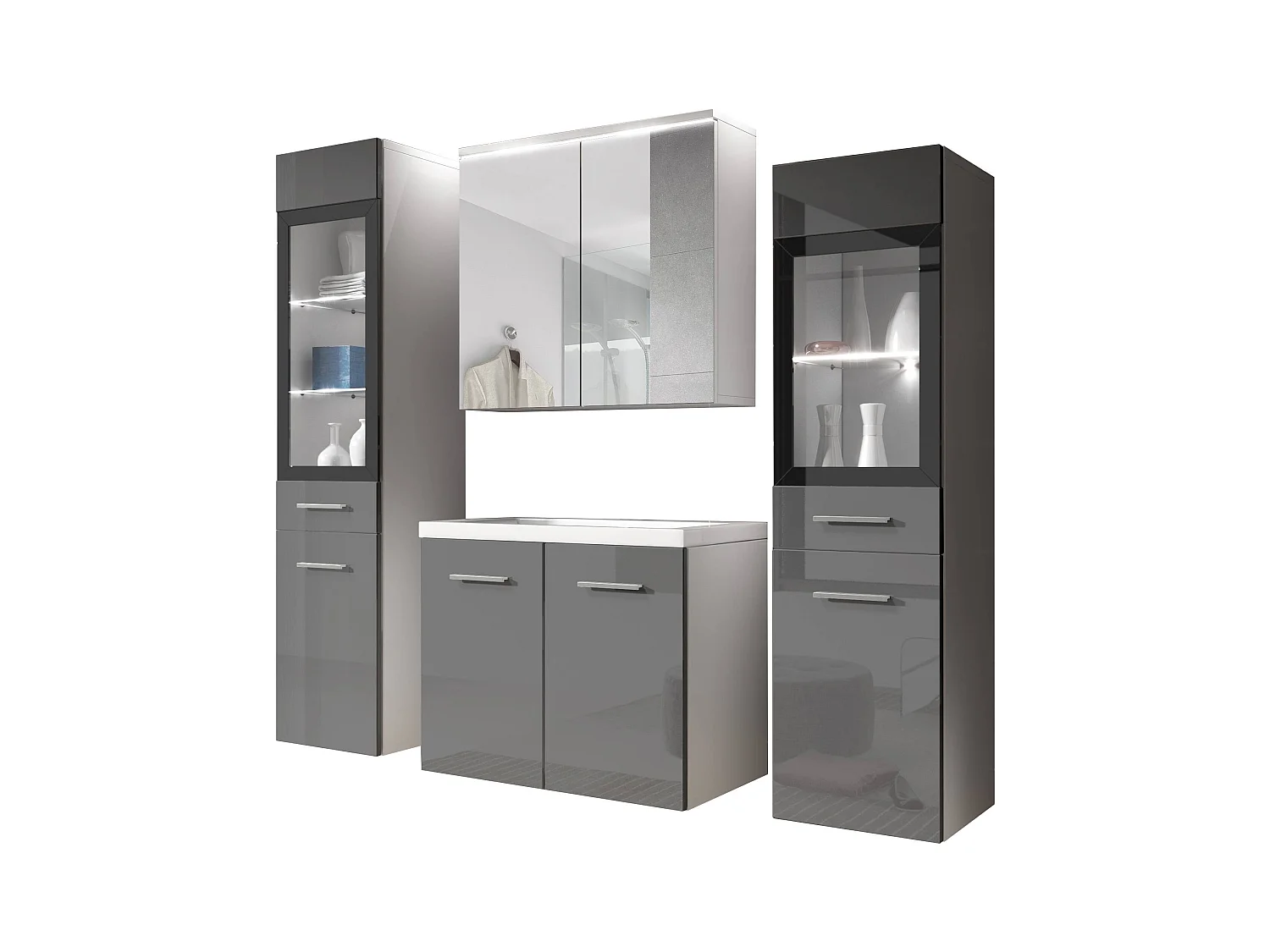 MINIO go for it, Meuble de salle de bain MARIT II en blanc/gris brillant, avec éclairage LED