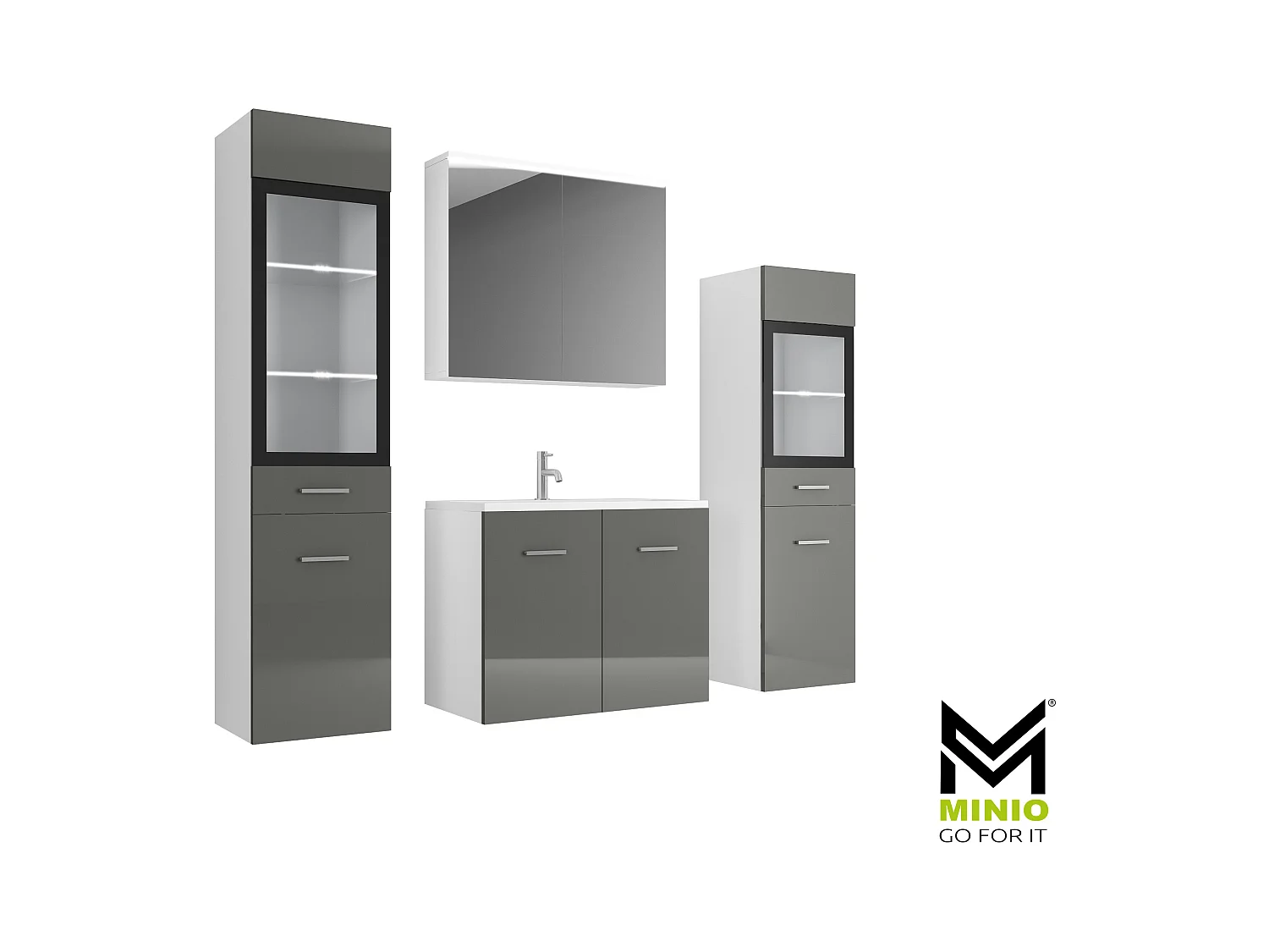 MINIO go for it, Meuble de salle de bain MARIT II en blanc/gris brillant, avec éclairage LED