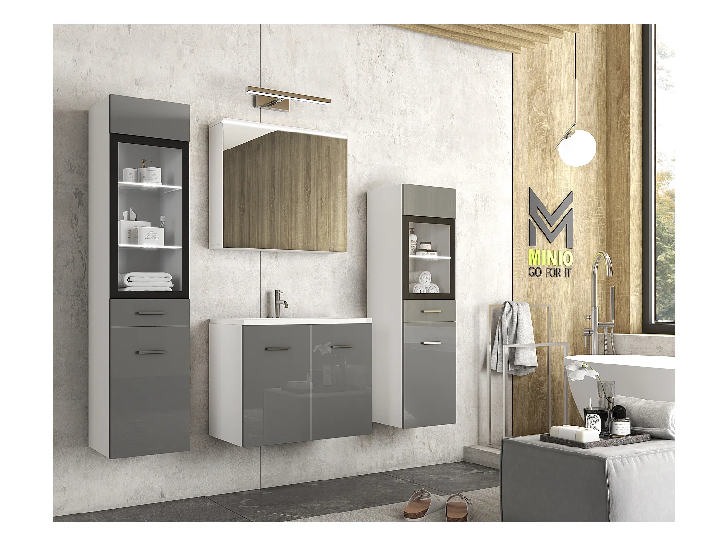 MINIO go for it, Meuble de salle de bain MARIT II en blanc/gris brillant, avec éclairage LED