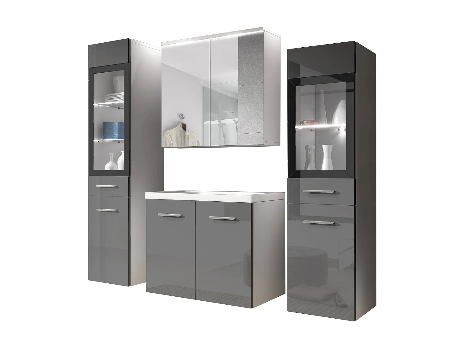 MINIO go for it, Meble łazienkowe MARIT II w kolorze biały/szary połysk, z oświetleniem LED