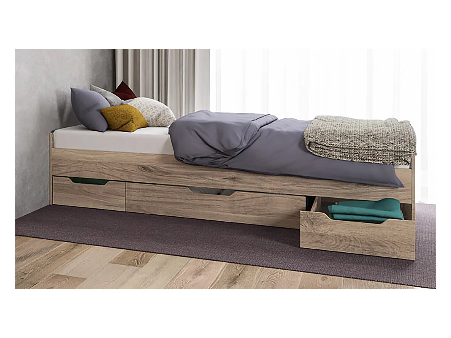 Letto singolo moderno con tre cassetti design moderno 90x200 rovere chiaro LI36