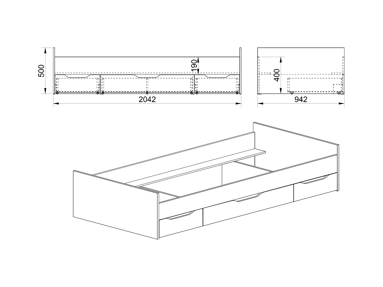 Letto singolo moderno con tre cassetti design moderno 90x200 rovere chiaro LI36