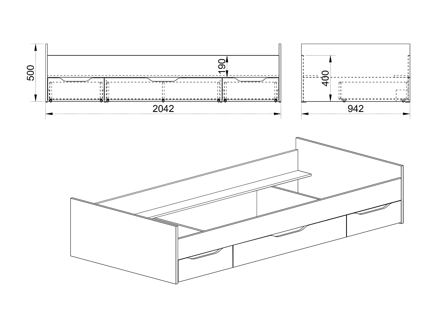 Letto singolo moderno con tre cassetti design moderno 90x200 rovere chiaro LI36