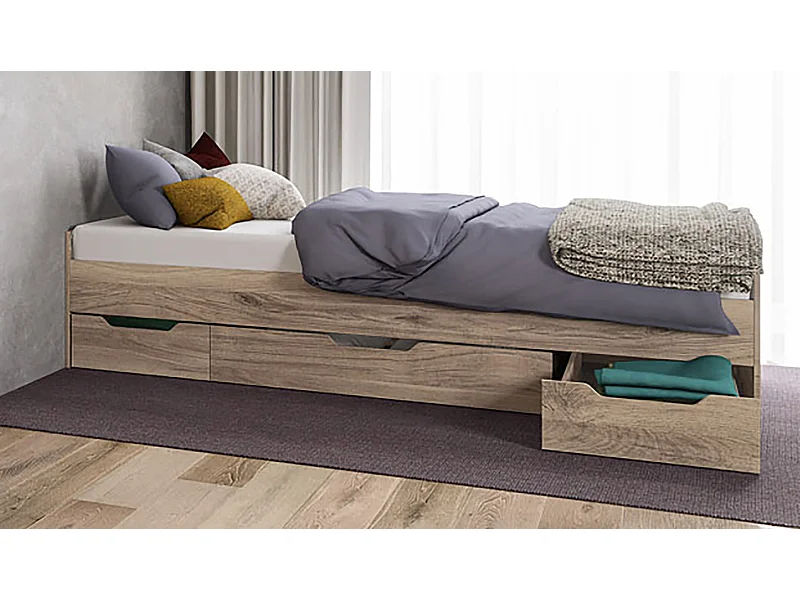 Letto singolo moderno con tre cassetti design moderno 90x200 rovere chiaro LI36