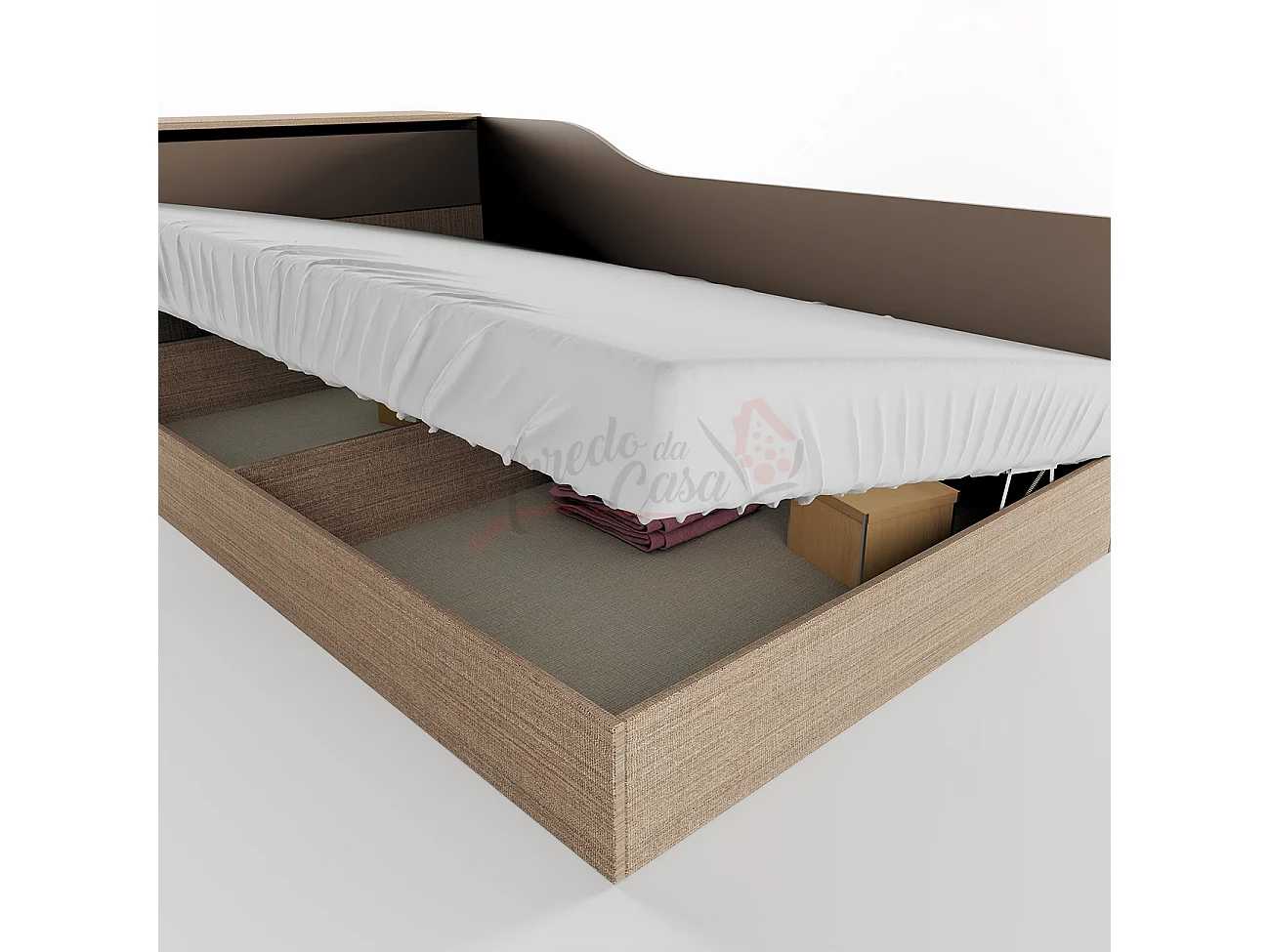 Letto contenitore ad angolo effetto legno 223,5x71 beige scuro e lino LI2002