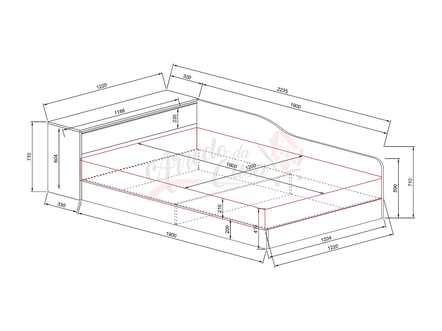 Letto contenitore ad angolo effetto legno 223,5x71 beige scuro e lino LI2002