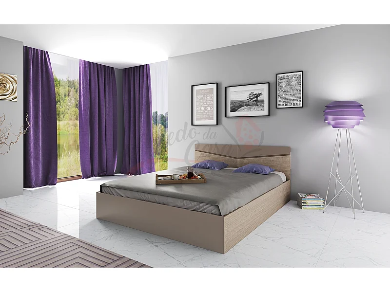 Letto matrimoniale moderno con contenitore effetto legno 206x78 cm beige scuro e lino LI2008