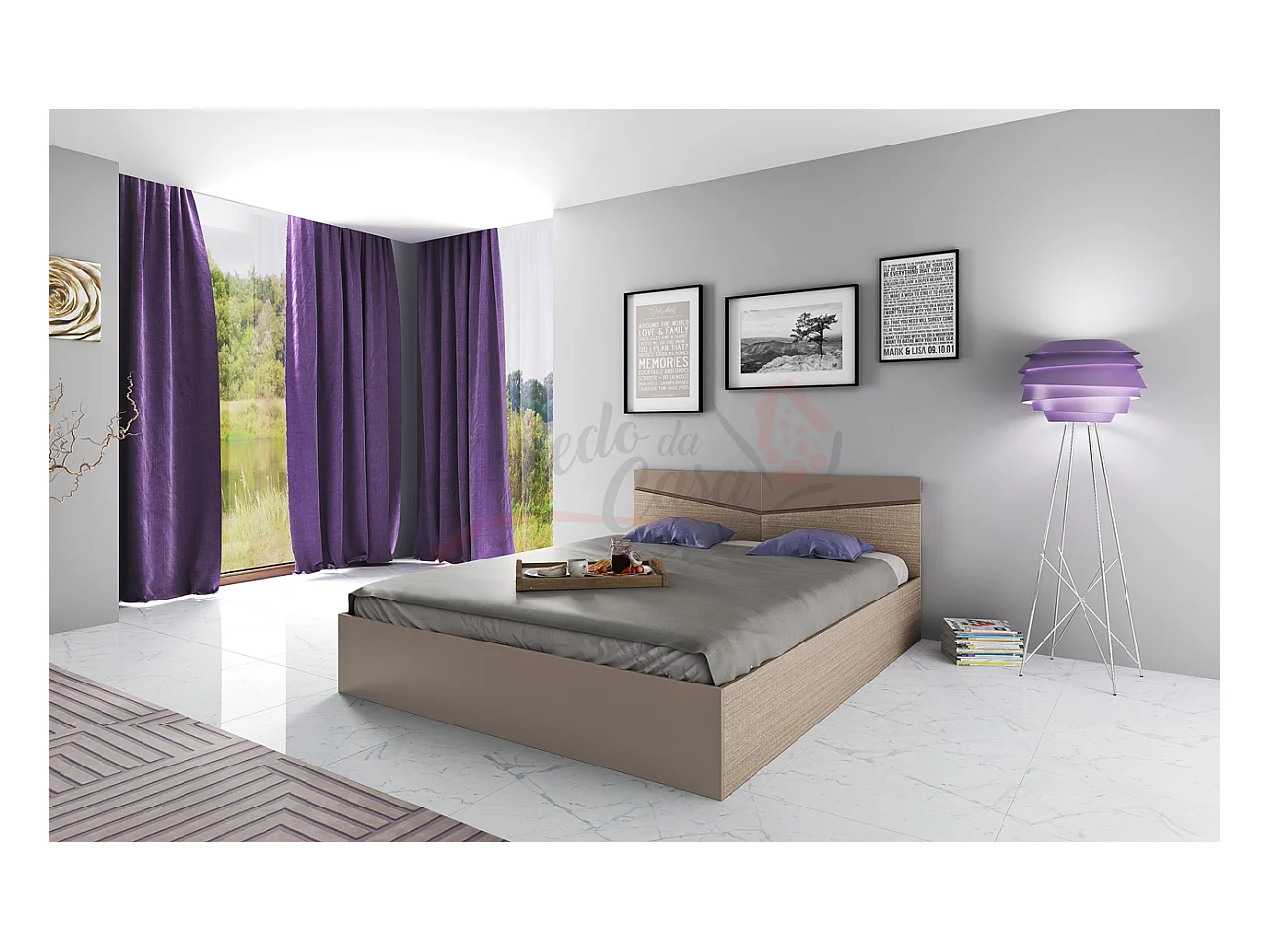 Letto matrimoniale moderno con contenitore effetto legno 206x78 cm beige scuro e lino LI2008