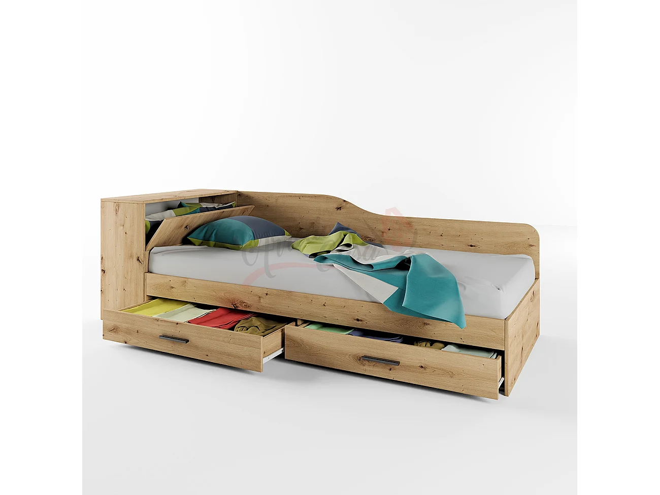 Letto singolo una piazza con contenitore e due cassettoni 228x71 rovere LI2005