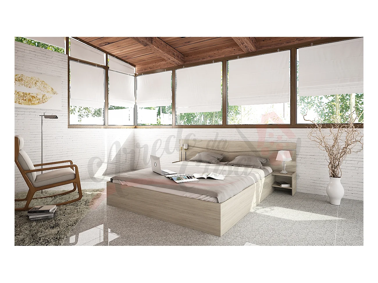 Letto matrimoniale contenitore con comodini a due ripiani 200x160 rovere chiaro LI2007