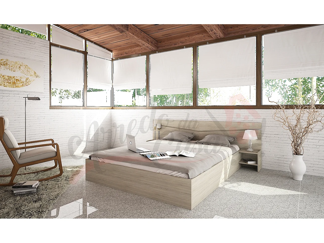 Letto matrimoniale contenitore con comodini a due ripiani 200x160 rovere chiaro LI2007