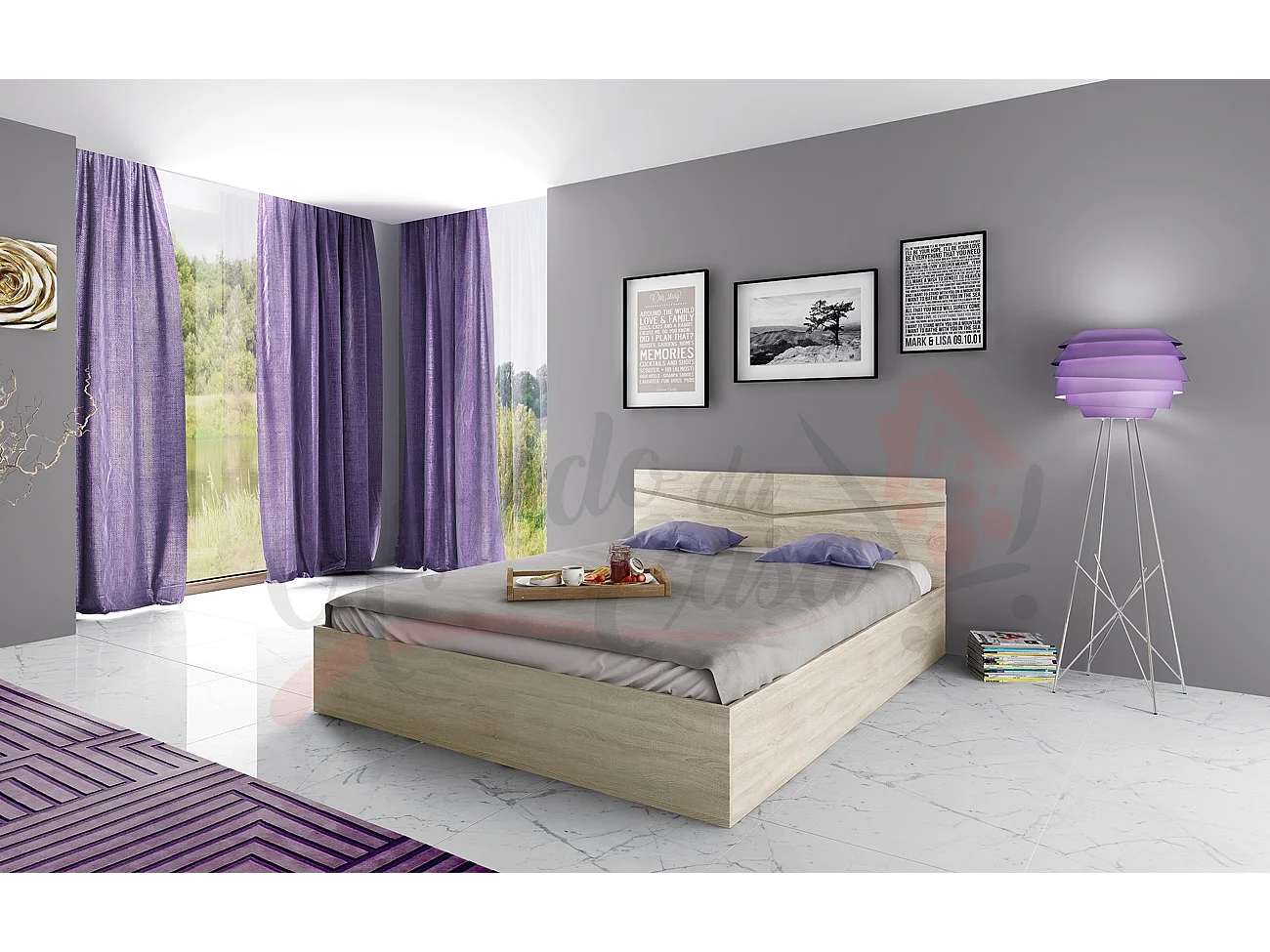 Letto matrimoniale moderno con contenitore effetto legno 206x78 rovere chiaro LI2008