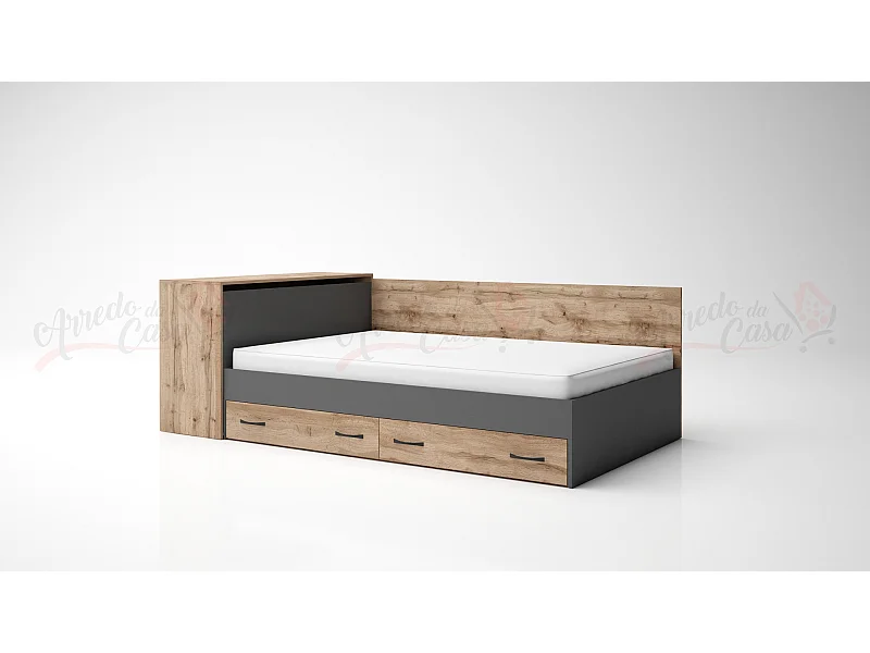 Letto a una piazza e mezza contenitore effetto legno 190x120 rovere e antracite LG3