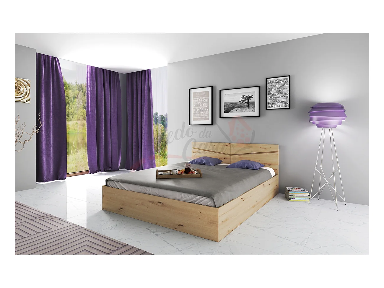 Letto matrimoniale moderno con contenitore effetto legno 206x78 rovere LI2008